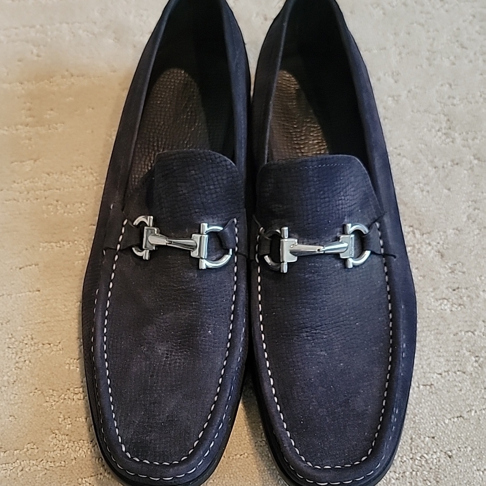 Blue Loafers with Silver Hardware and Moccasin Construction